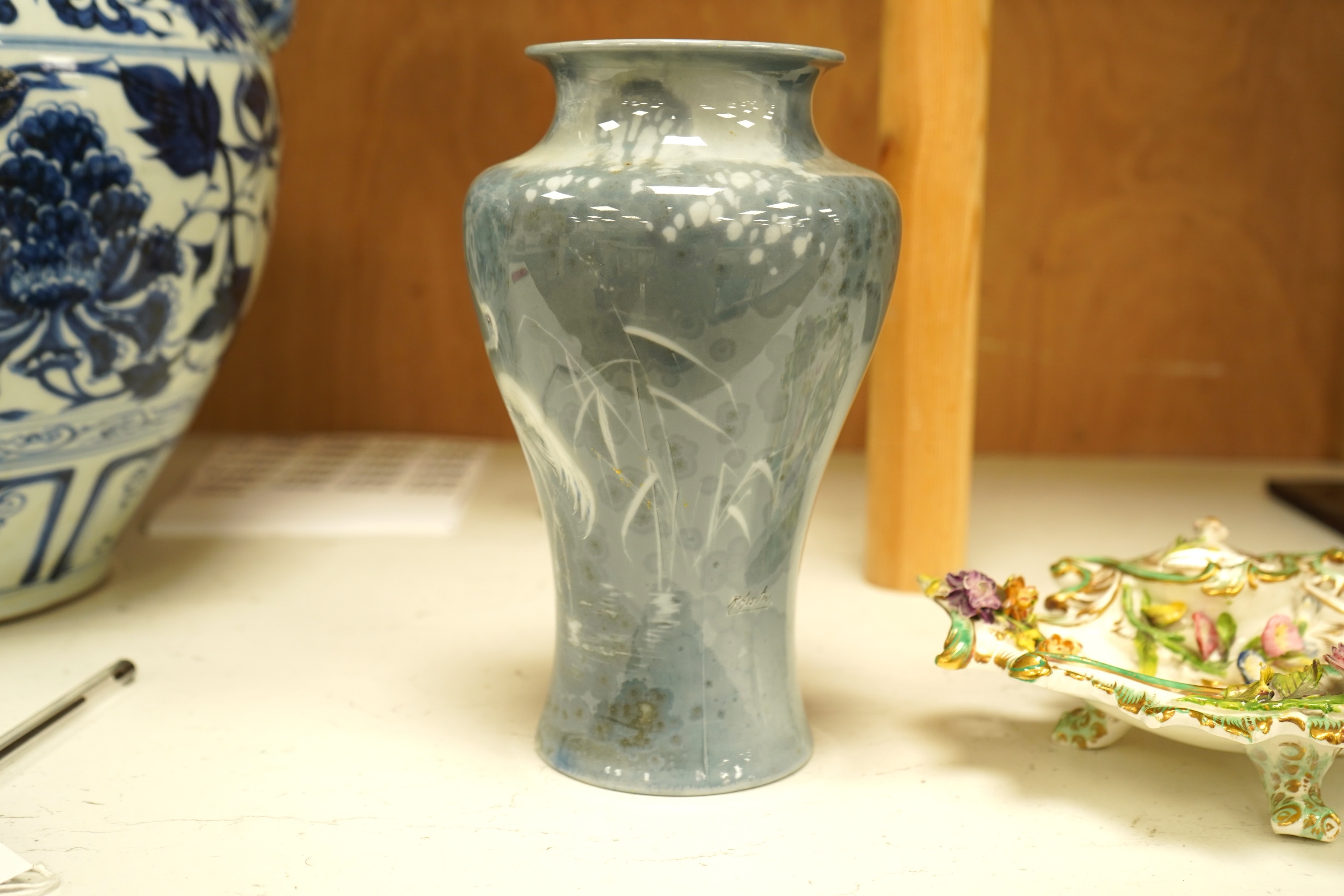 Worcester Sabrina porcelain vase numbered 2195 and bone china inkstand with floral encrusted decoration, largest 20cm high